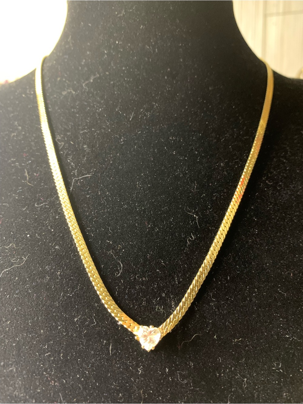 Gold Plated Herringbone and CZ Heart Pendant Necklace - Elegant Women’s Jewelry